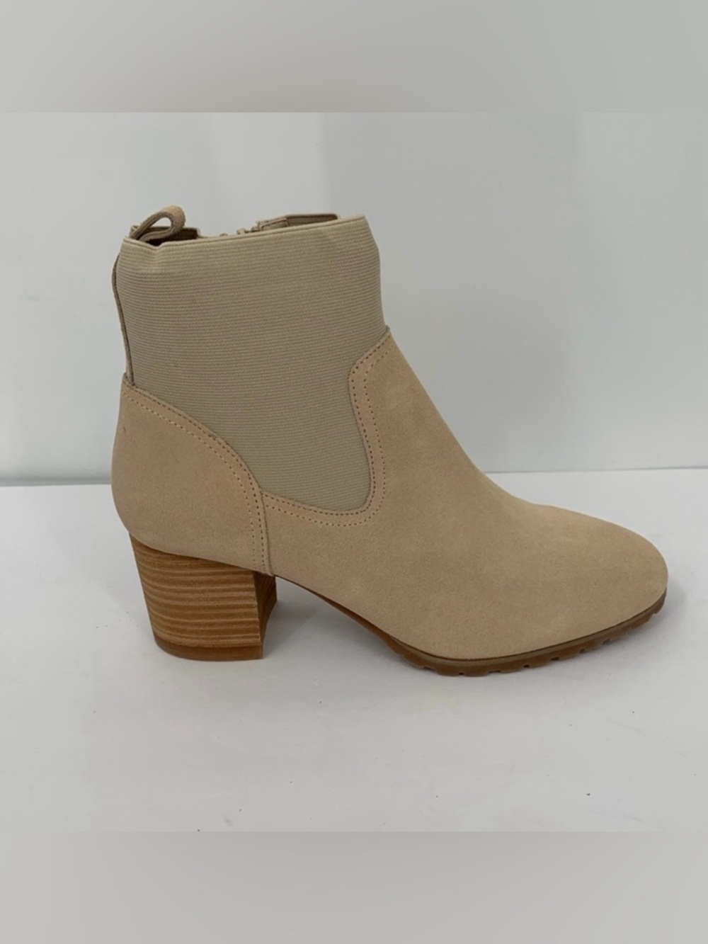 Violet & Red Loaded stretch knit cuff heel ankle boot suede cream tan new 9
